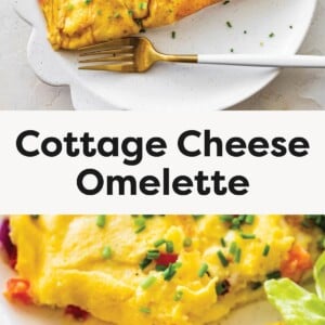 Cottage cheese omelette folded on a white plate, topped with chopped chives. Close-up of a fluffy cottage cheese omelette with red peppers and onions, partially cut with a fork.