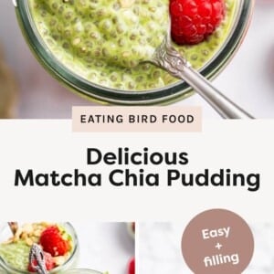 Photo 1: Top-down view of matcha chia pudding in a jar topped with strawberries, raspberries, and granola with a spoon. Photo 2: Two jars of matcha chia pudding topped with raspberries, strawberries, and granola. Photo 3: Three jars of matcha chia pudding on a white surface with fresh strawberries nearby.