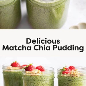 Photo 1: Close-up of matcha chia pudding jars topped with raspberries, strawberries, and granola. Photo 2: Three jars of green matcha chia pudding on a white background. Photo 3: Matcha chia pudding jars with fresh strawberries and raspberries around them.