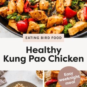 Photo 1 (top image): Skillet of kung pao chicken with broccoli, red peppers, and peanuts Photo 2 (bottom left): Bowl of kung pao chicken and vegetables served over brown rice Photo 3 (bottom right): Close-up of kung pao chicken with broccoli, red peppers, and crushed peanuts