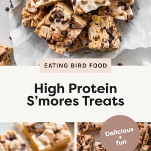 Top photo: Stack of high-protein s’mores treats with marshmallows, graham cereal, and chocolate chips on parchment paper. Bottom left photo: Close-up of a single s’mores treat square showing layers of cereal, marshmallow, and chocolate chips. Bottom right photo: Overhead view of sliced high-protein s’mores treats arranged on parchment paper.