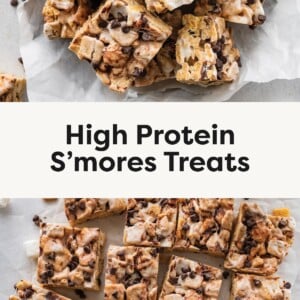 Top photo: Stack of high-protein s’mores treats with marshmallows, graham cereal, and chocolate chips on parchment paper. Bottom photo: Overhead view of sliced high-protein s’mores treats arranged in a grid on parchment paper.