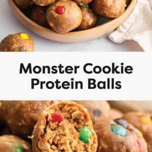 Photo 1: Bowl of monster cookie protein balls with colorful M&M’s mixed in Photo 2: Close-up of monster cookie protein balls, one broken open showing the inside texture and candies