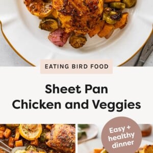 Top photo: Roasted chicken thigh with sweet potatoes, Brussels sprouts, red onion, and roasted lemon on a white plate. Bottom left photo: Sheet pan with roasted chicken thighs, sweet potatoes, Brussels sprouts, red onion, and sliced roasted lemons. Bottom right photo: Cut open roasted chicken showing juicy inside with roasted vegetables on a plate.