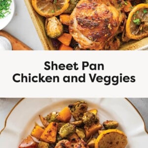 Top photo: Sheet pan with roasted chicken thighs, sweet potatoes, Brussels sprouts, red onion, and sliced roasted lemons. Bottom photo: Plated roasted chicken thigh with sweet potatoes, Brussels sprouts, red onion, and roasted lemon on a white plate.