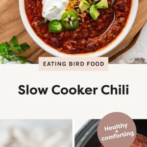 Photo 1: Bowl of slow cooker chili topped with sour cream, jalapeños, avocado, and shredded cheese on a wooden surface. Photo 2: Close-up of a spoonful of hearty chili with beans, ground beef, tomatoes, and avocado. Photo 3: Spoon scooping thick chili from a slow cooker with visible beans and rich tomato base.