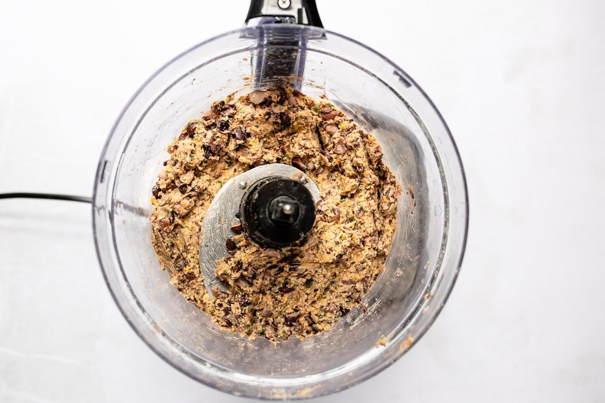 A black bean burger blend in a food processor.