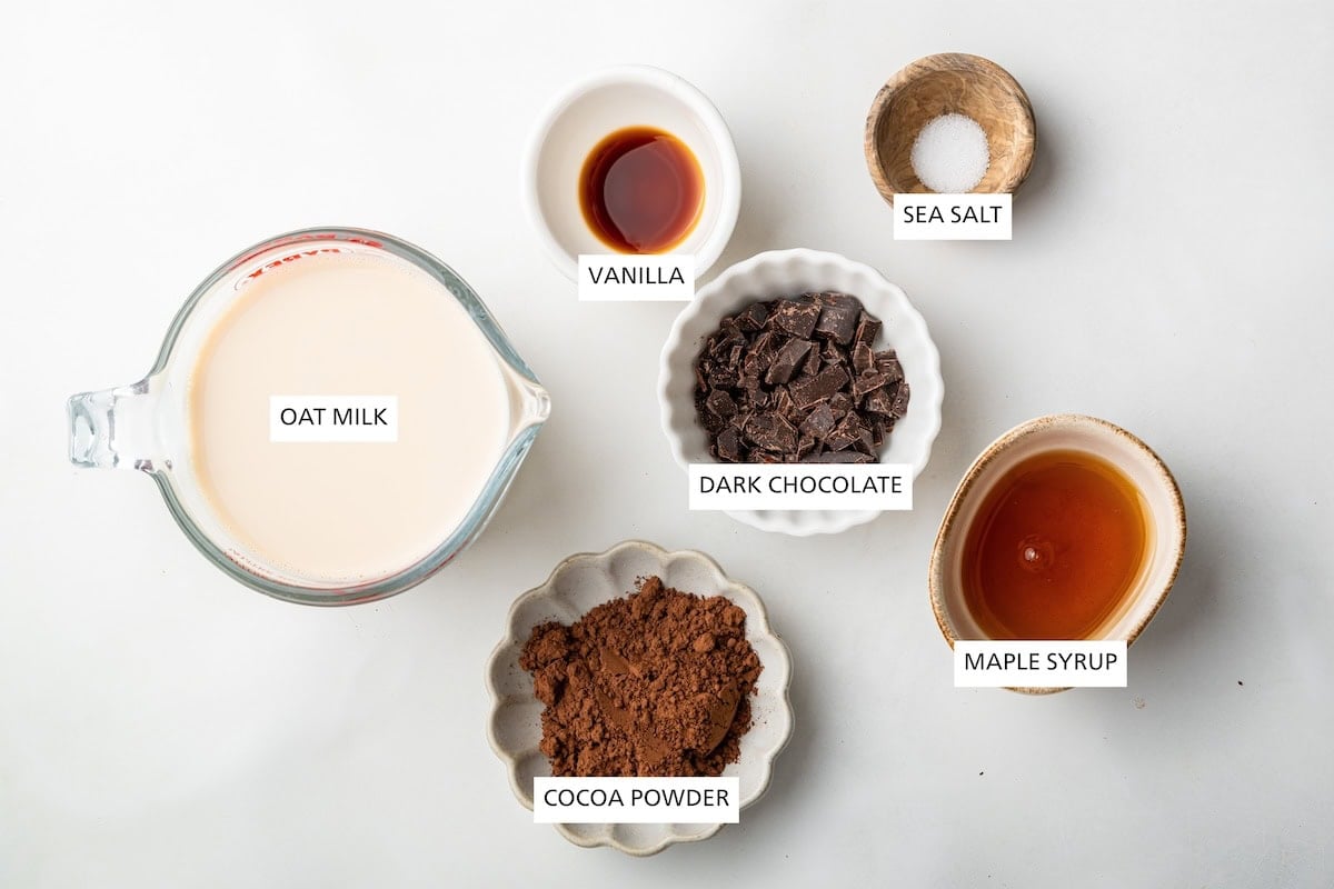 Ingredients measured out to make Healthy Hot Chocolate: oat milk, cocoa powder, dark chocolate, vanilla, maple syrup and sea salt.