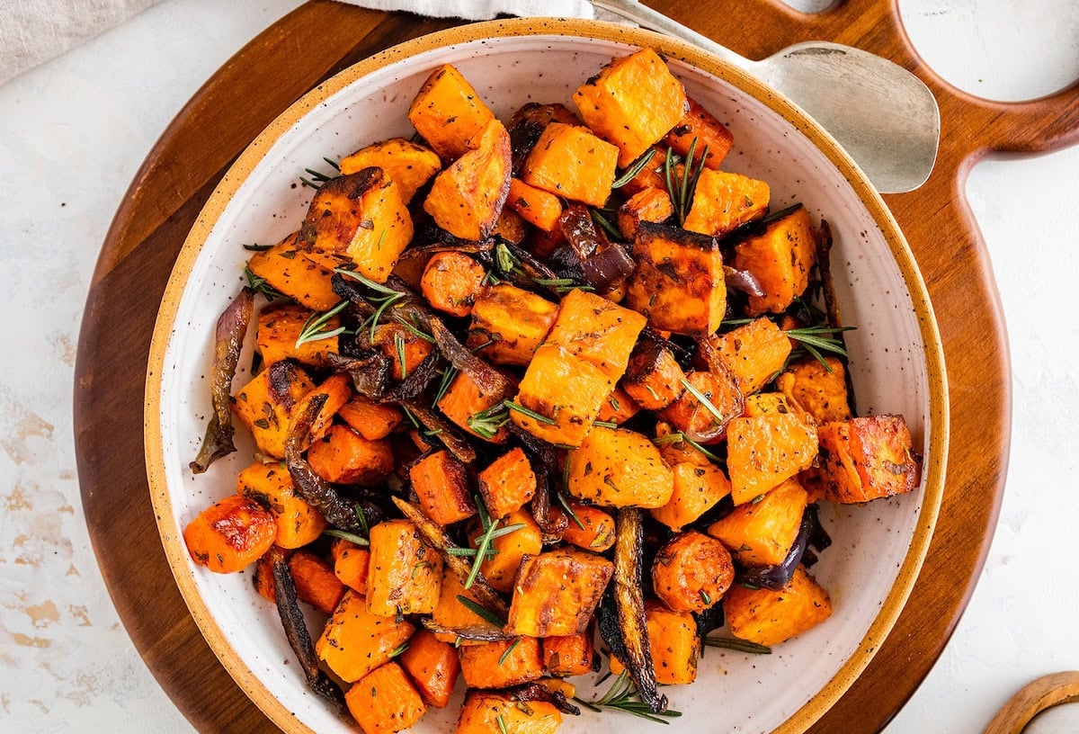 Roasted root vegetables in a bowl.