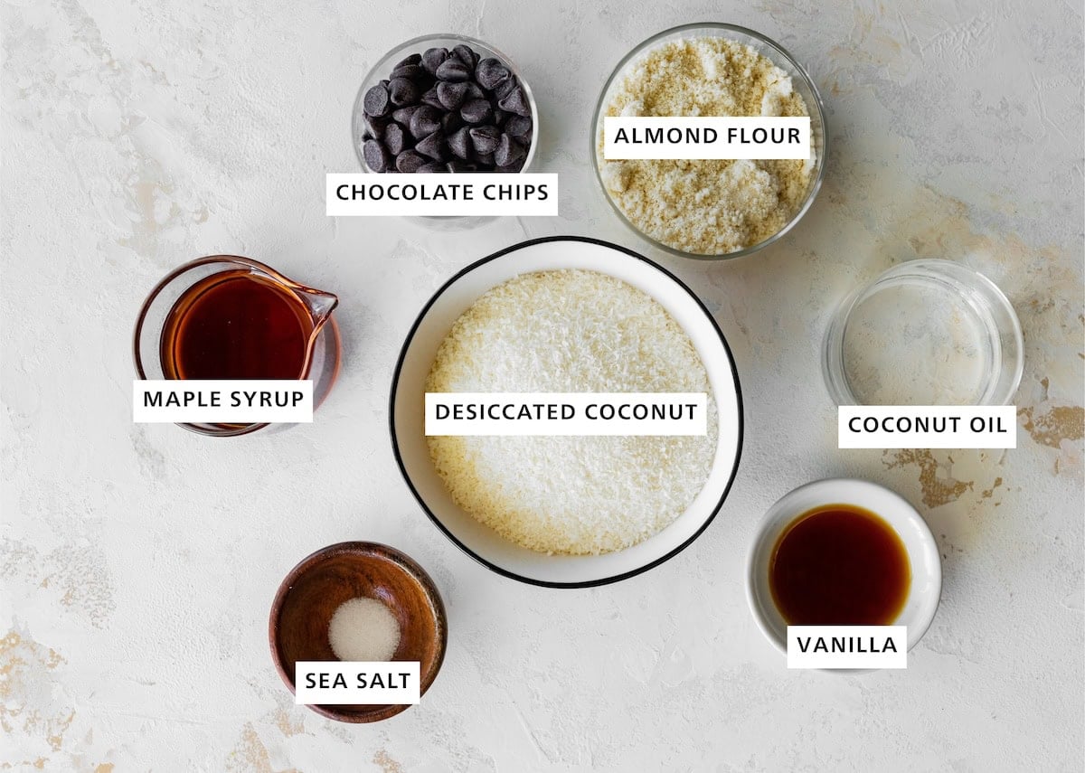 Ingredients measured out to make Coconut Macaroons: sea salt, maple syrup, chocolate chips, unsweetened desiccated coconut, almond flour, vanilla and coconut oil.