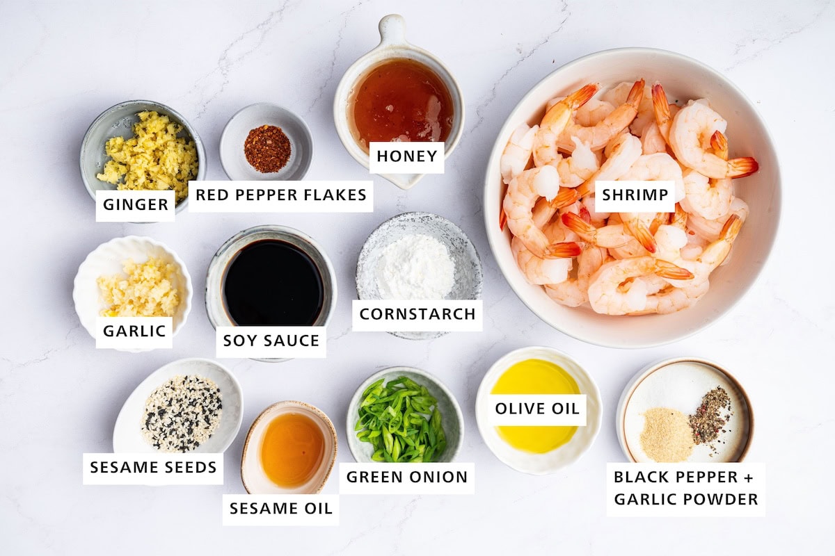 Ingredients measured out to make Honey Garlic Shrimp: