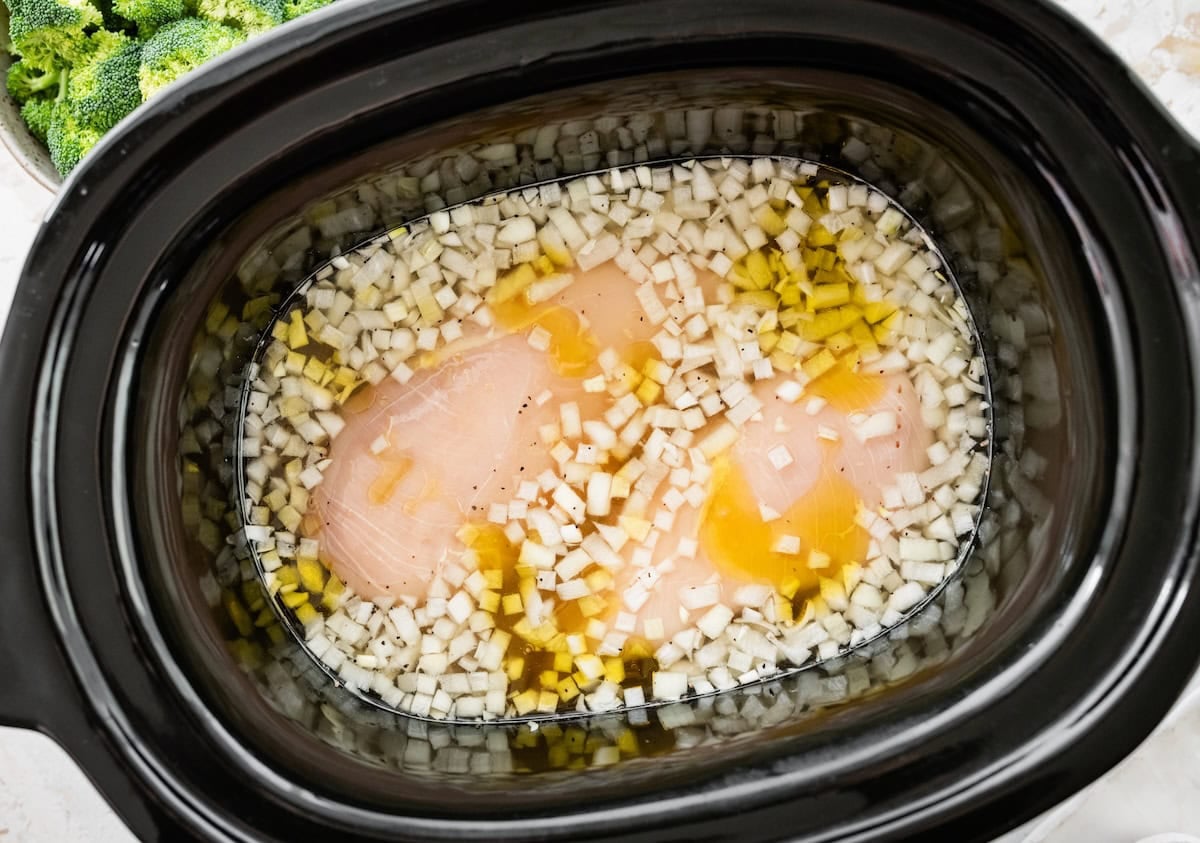 Chicken broth and raw chicken breasts added to a slow cooker with diced onion, minced garlic, brown rice, ground black pepper, and salt.