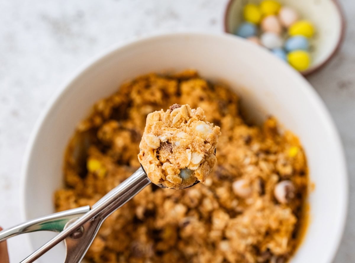 A cookie scoop forming protein balls for Cadbury Egg protein balls.