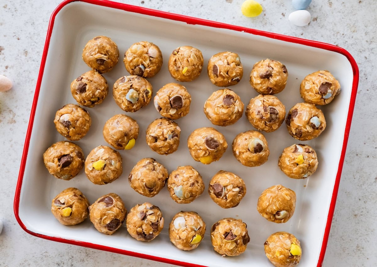 A large baking dish with Cadbury chocolate Egg protein balls.