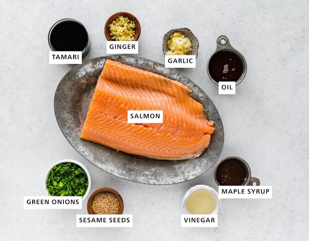 Ingredients measured out to make Air Fryer Salmon Bites: sesame oil, honey, rice vinegar, garlic, ginger, salmon, sesame seeds, tamari and green onions.
