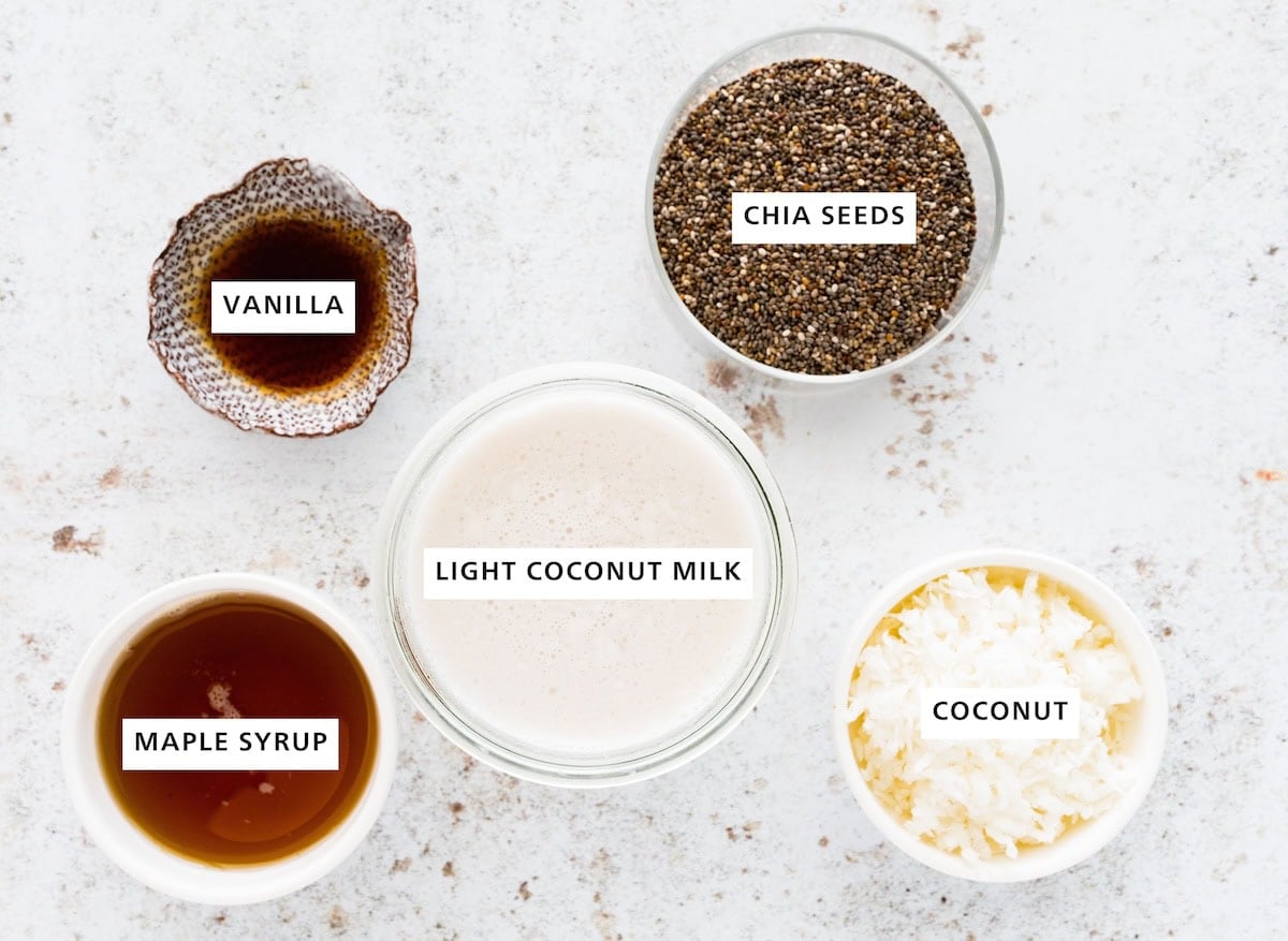 Ingredients measured out to make Coconut Chia Pudding: chia seeds, coconut, canned light coconut milk, vanilla and maple syrup.