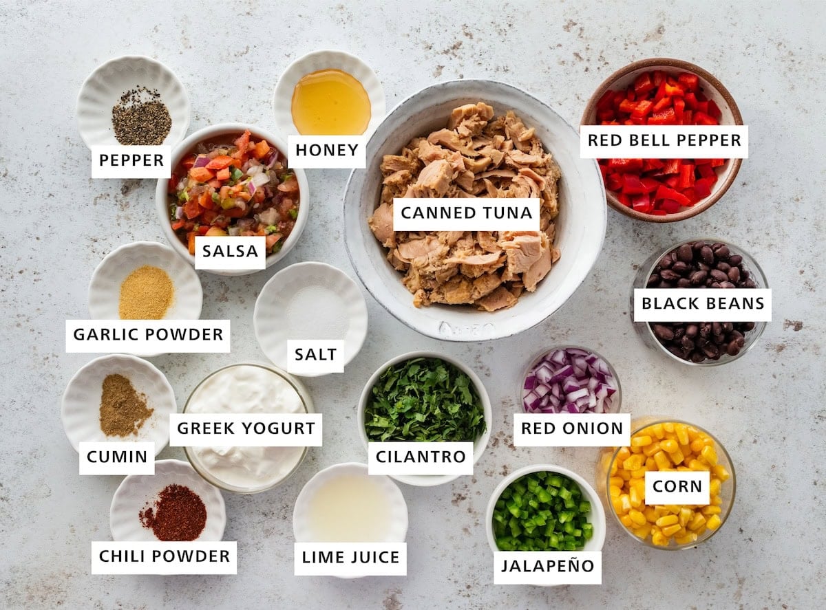 Ingredients measured out for Mexican tuna salad: canned tuna, red bell pepper, black beans, red onion, corn, jalapeño, cilantro, lime juice, greek yogurt, chili powder, salt, cumin, garlic powder, salsa, pepper, and honey.