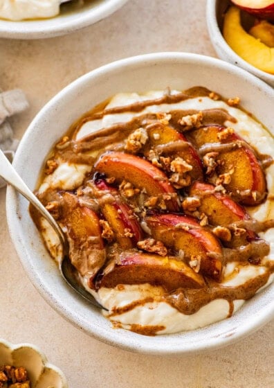High Protein Peach Crisp Yogurt Bowl