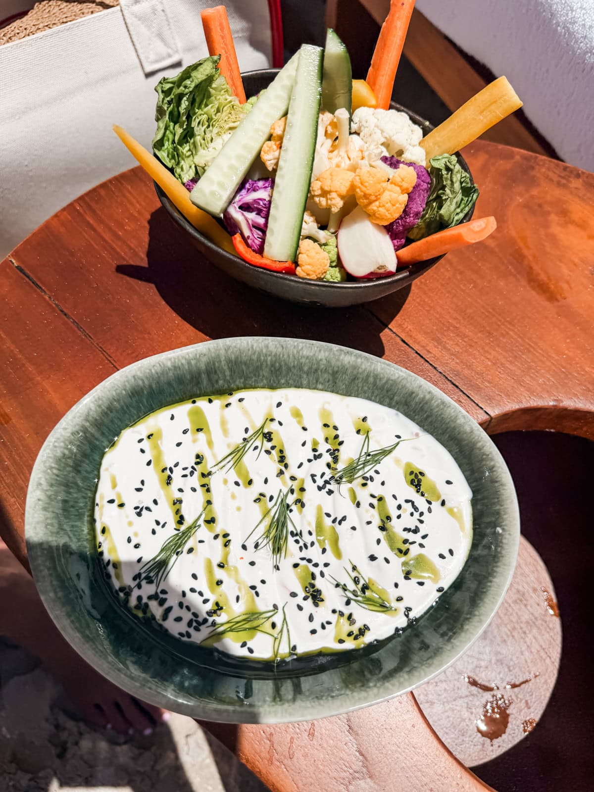 Green pea guacamole and labneh with veggie crudites at the Sand Bar, Eden Rock St. Barths