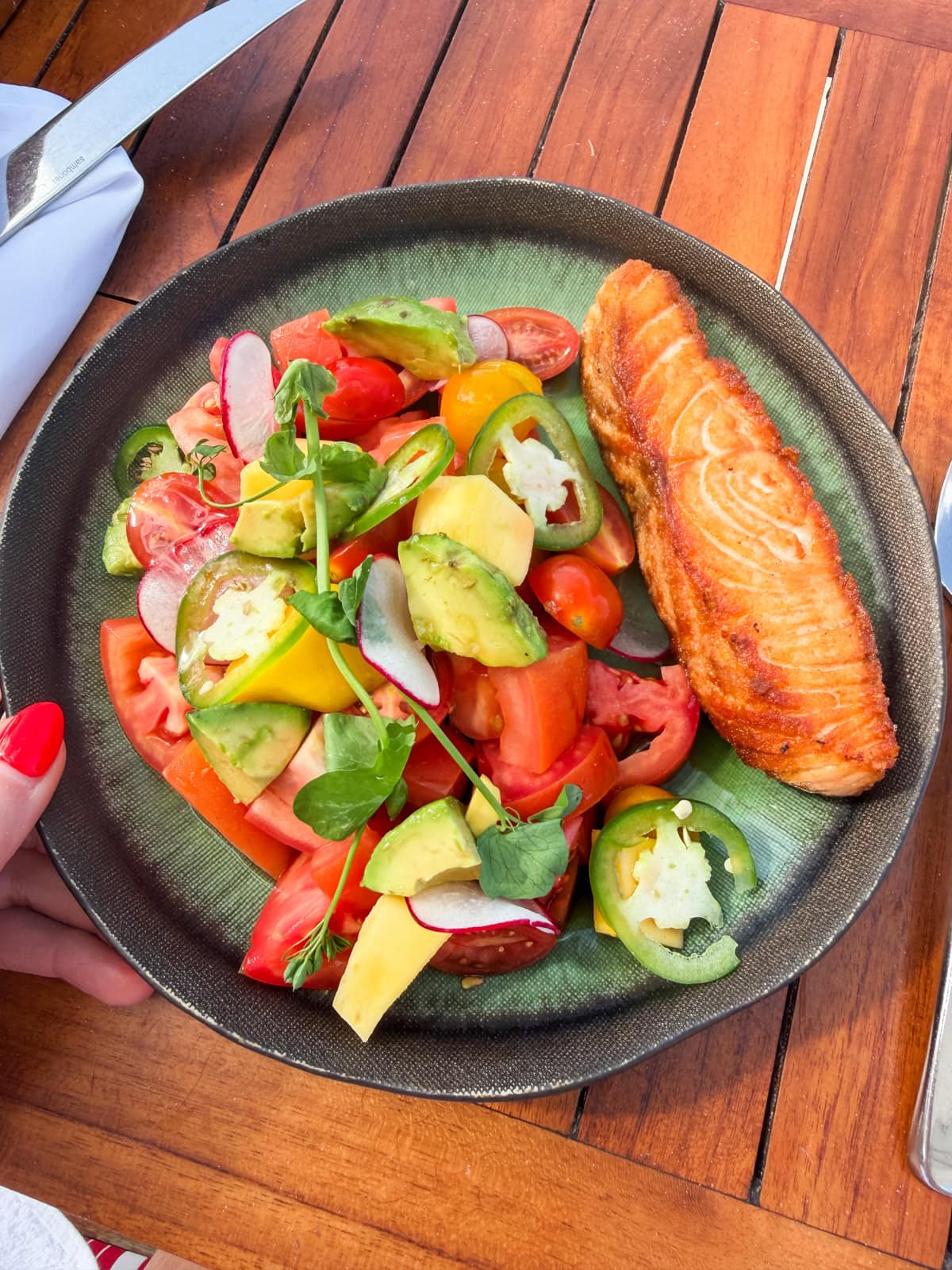 Mango avocado salad with salmon at the Sand Bar restaurant at Eden Rock in St. Barths