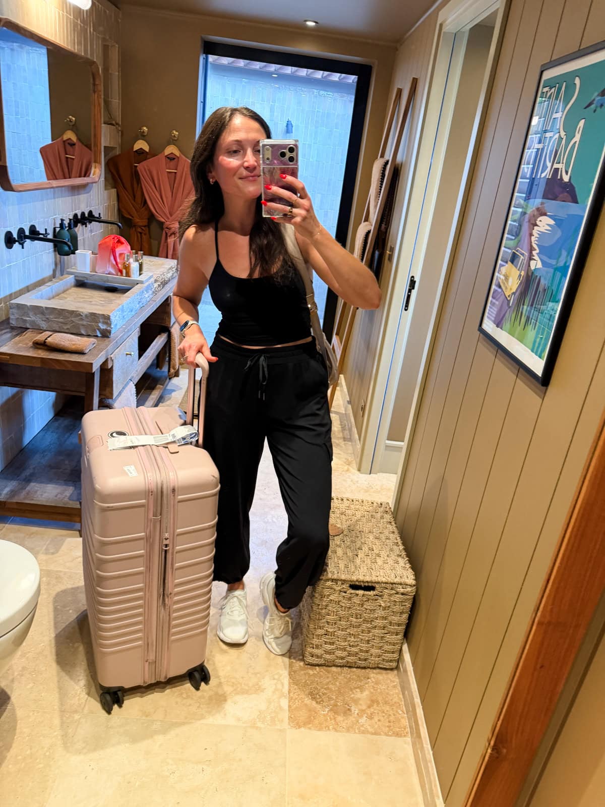 Brittany with suitcase arriving at Villa Bonnie, St. Barths