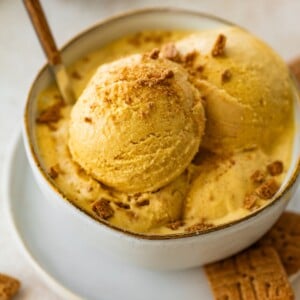 Scoops of cottage cheese pumpkin ice cream in a ceramic bowl topped with crushed graham crackers and served with a spoon.