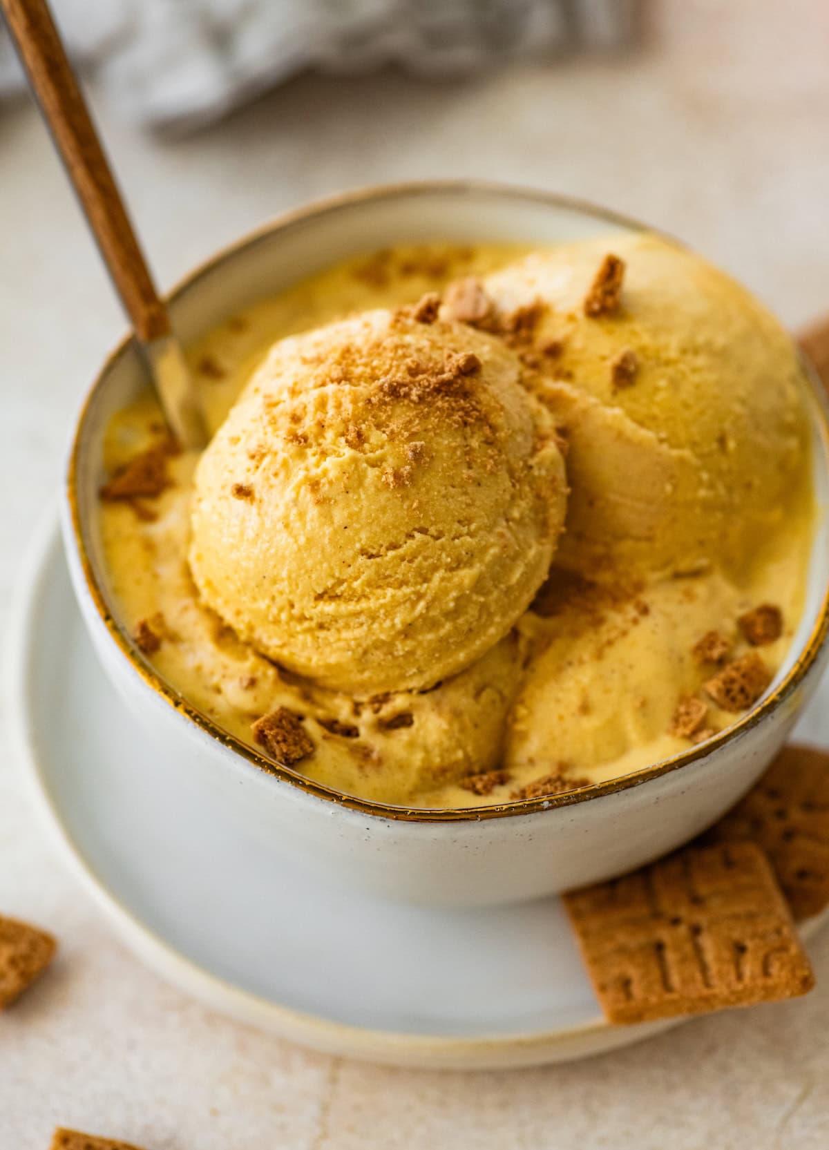 Scoops of cottage cheese pumpkin ice cream in a ceramic bowl topped with crushed graham crackers and served with a spoon.