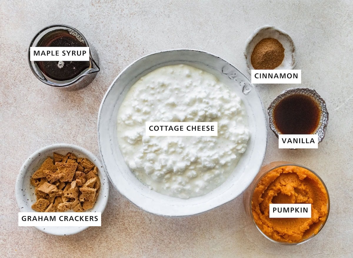 Ingredients measured out for high-protein pumpkin ice cream including: cottage cheese, cinnamon, vanilla, pumpkin, graham crackers, and maple syrup.