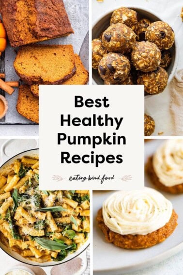 Collage of photos: pumpkin muffins, pumpkin pie bar, pumpkin cream cold brew and pumpkin energy balls.
