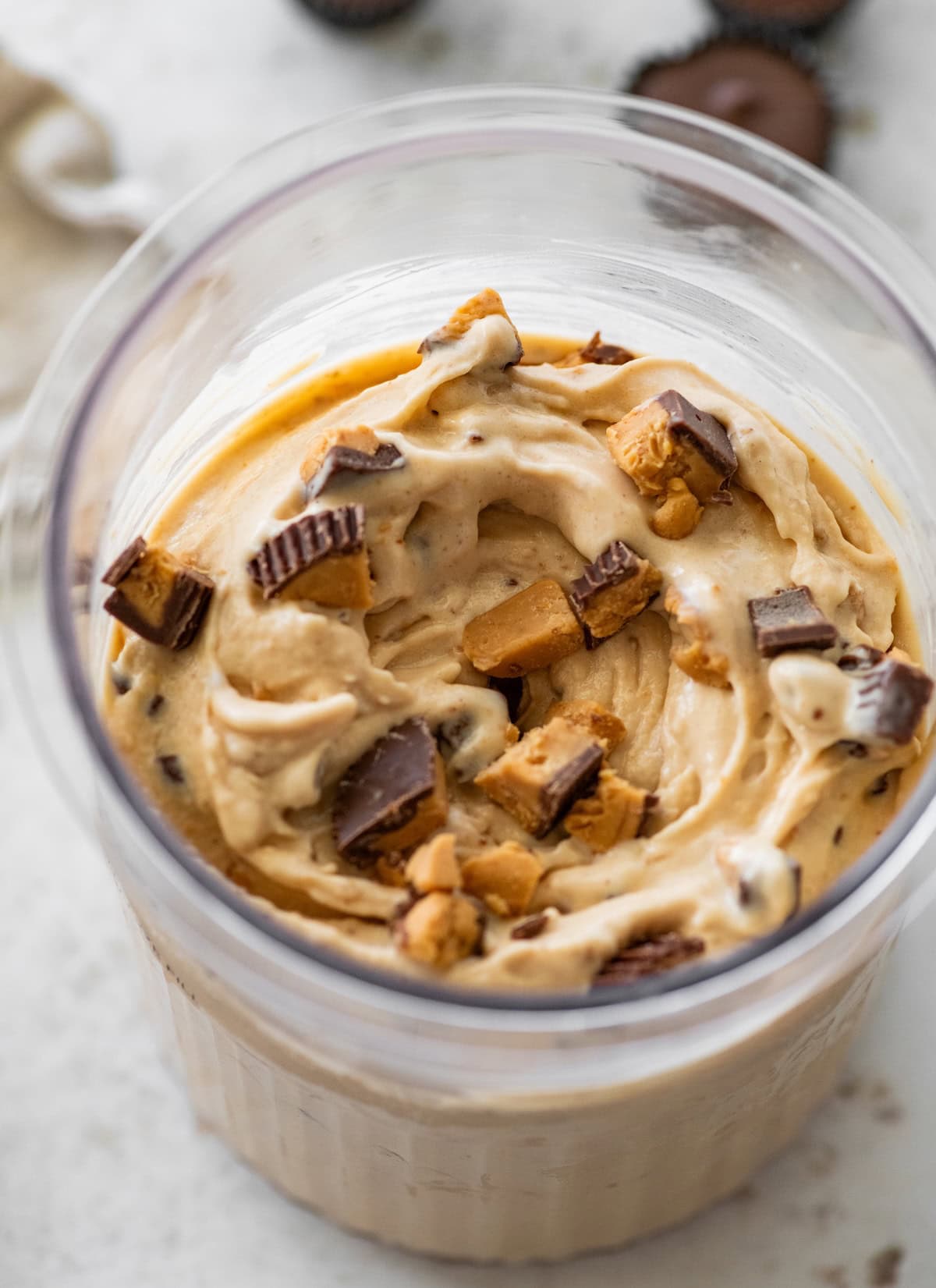 A peanut butter cup blizzard in a pint container.