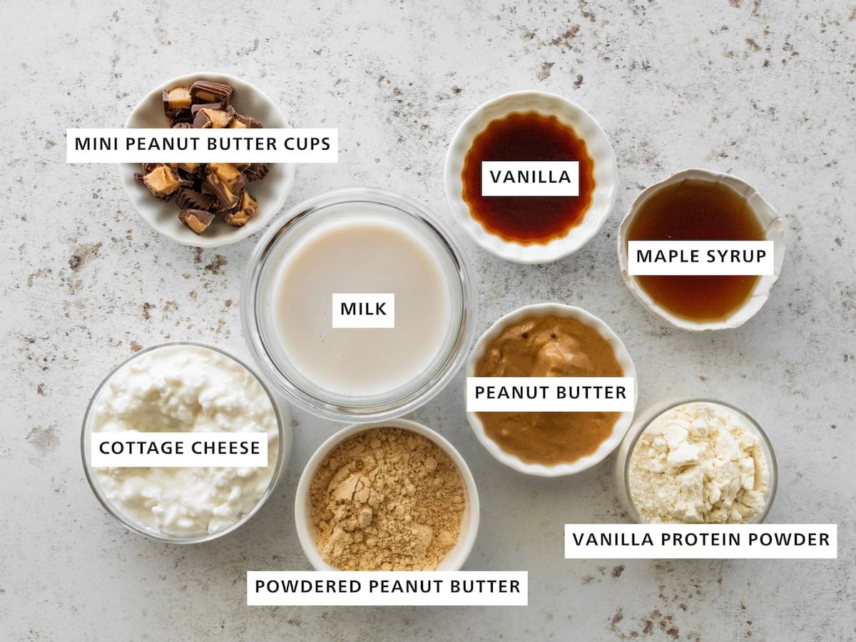 Ingredients measured out for a protein peanut butter cup blizzard: milk, peanut butter, vanilla protein powder, powdered peanut butter, cottage cheese, maple syrup, vanilla, and mini peanut butter cups.