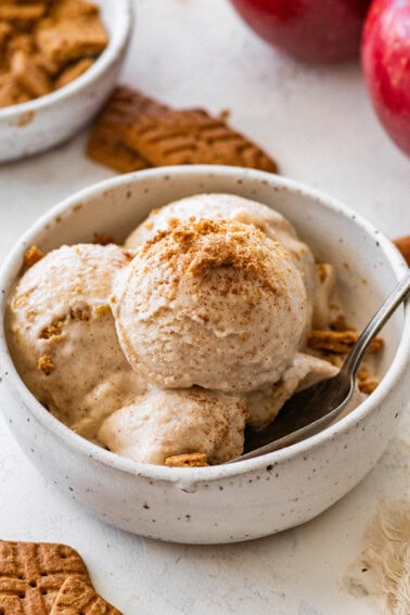 Apple pie ice cream served in a bowl topped with crushed graham crackers and a sprinkle of cinnamon.