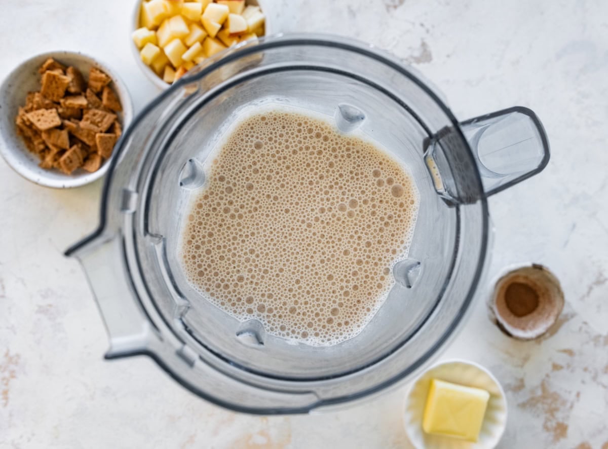 The base for the apple pie ice cream blended together in a blender.
