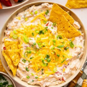 A cottage cheese boat dip in a bowl with tortilla chips to the side.