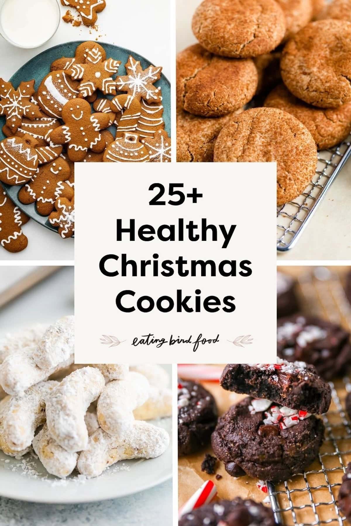 Collage of four different cookies: gingerbread cookies, snickerdoodle cookies, almond crescent cookies, and chocolate peppermint cookies.