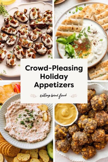 A collage of four images for holiday appetizers: goat cheese stuffed dates, cottage cheese dip, salmon dip, and sausage balls.