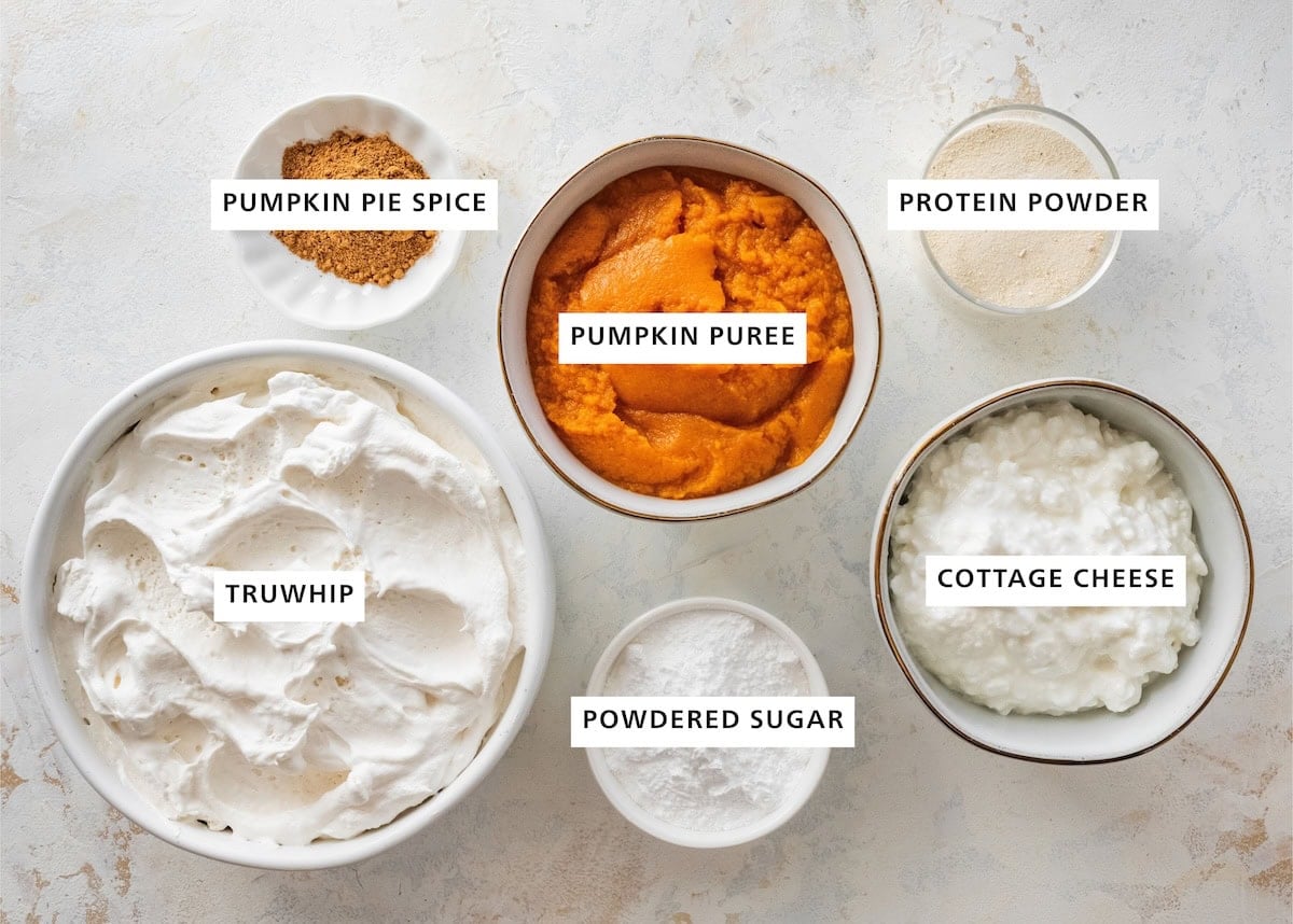 Ingredients measured out for pumpkin fluff dip: pumpkin puree, protein powder, cottage cheese, powdered sugar, truwhip, and pumpkin pie spice.