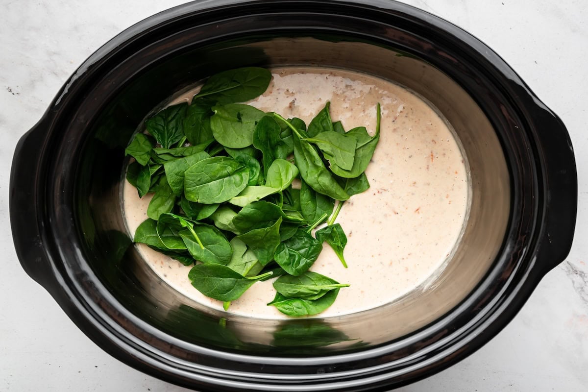 Fresh spinach added to the cream sauce in the slow cooker.