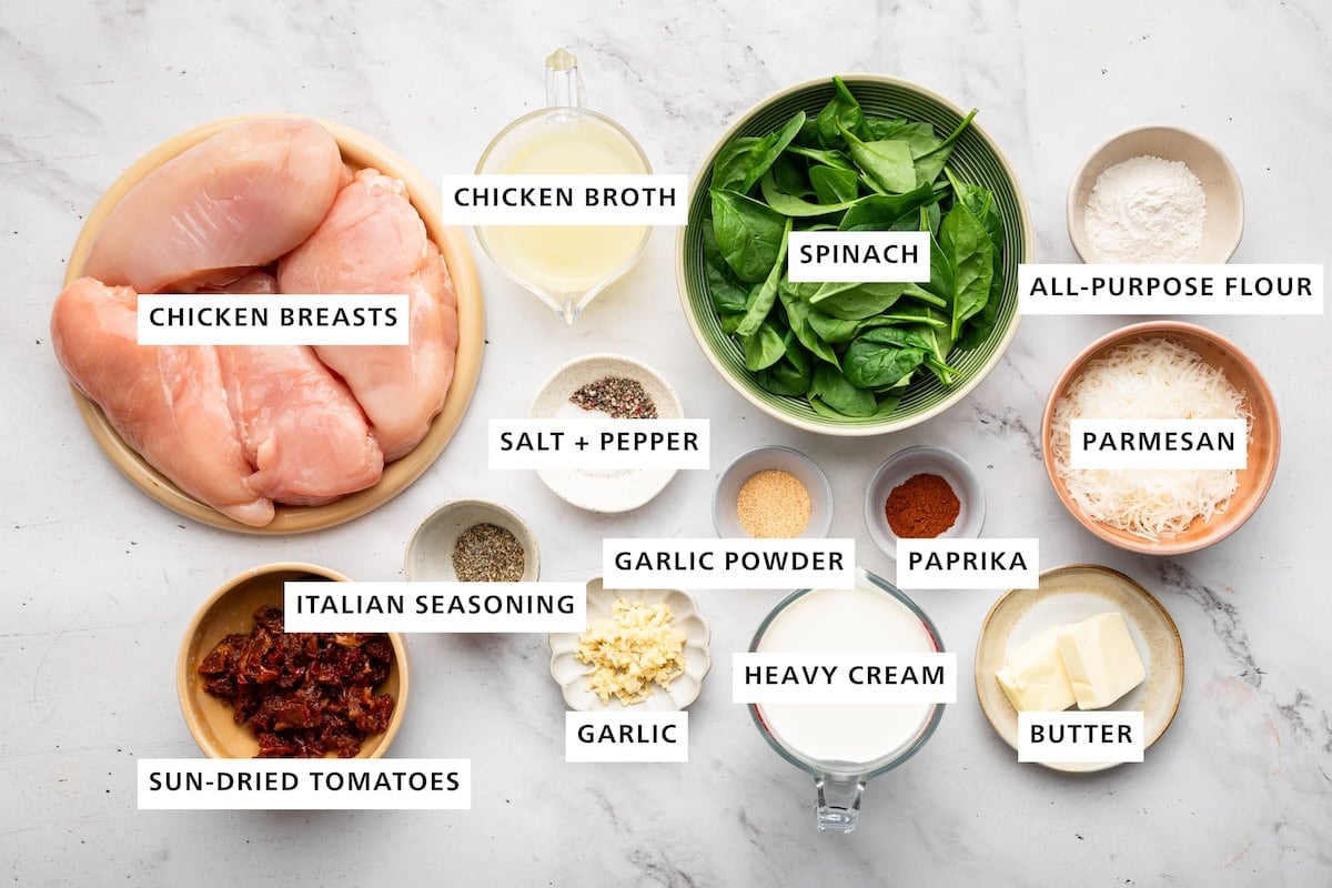 Ingredients measured out for slow cooker marry me chicken includes: chicken breasts, chicken broth, spinach, all-purpose flour, parmesan, butter, heavy cream, garlic, sun-dried tomatoes, Italian seasoning, salt, pepper, garlic powder, and paprika.