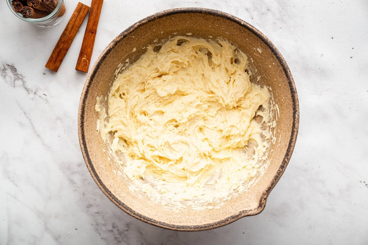 Creamed butter, sugar, egg and vanilla in a mixing bowl.